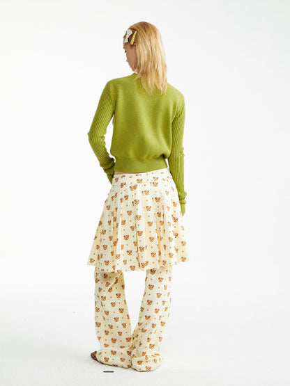 YOSHUYUKI Soft Cotton Lyocell Pleated Natural Waist Girls Bear Print Casual Pants