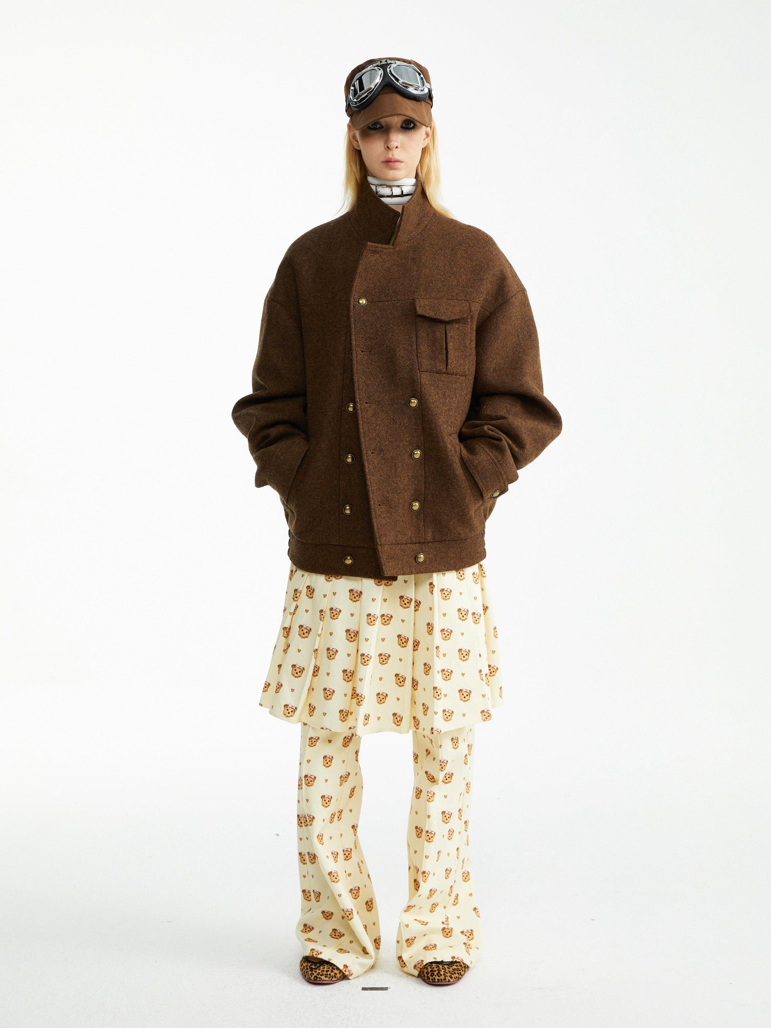 YOSHUYUKI Soft Cotton Lyocell Pleated Natural Waist Girls Bear Print Casual Pants