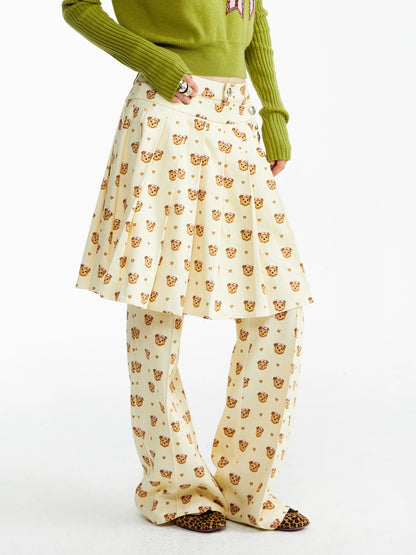 YOSHUYUKI Soft Cotton Lyocell Pleated Natural Waist Girls Bear Print Casual Pants-1