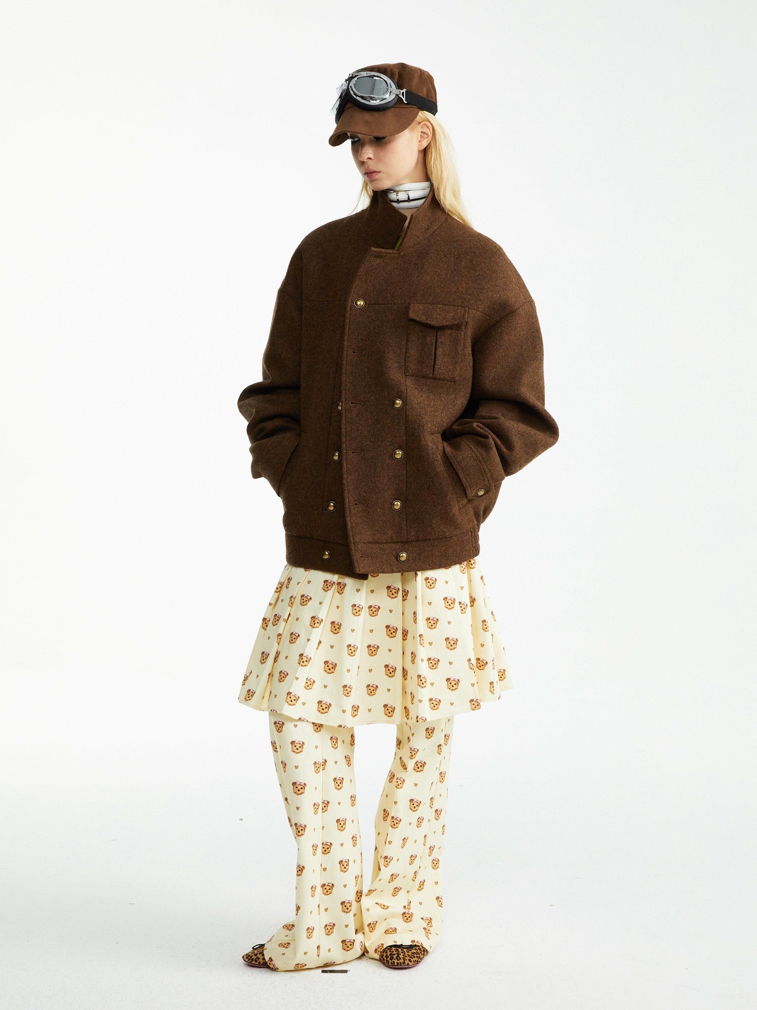 YOSHUYUKI Soft Cotton Lyocell Pleated Natural Waist Girls Bear Print Casual Pants