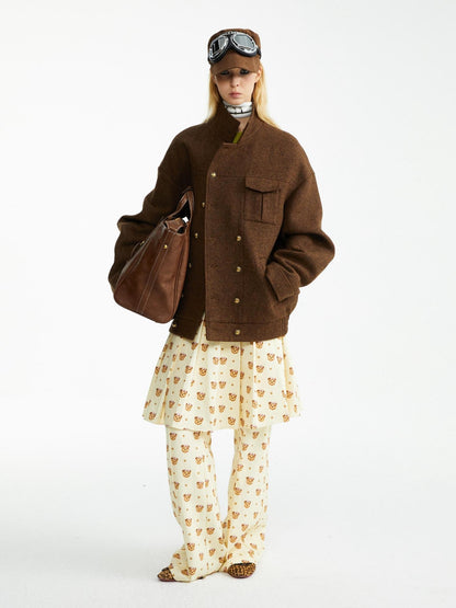 YOSHUYUKI Soft Cotton Lyocell Pleated Natural Waist Girls Bear Print Casual Pants