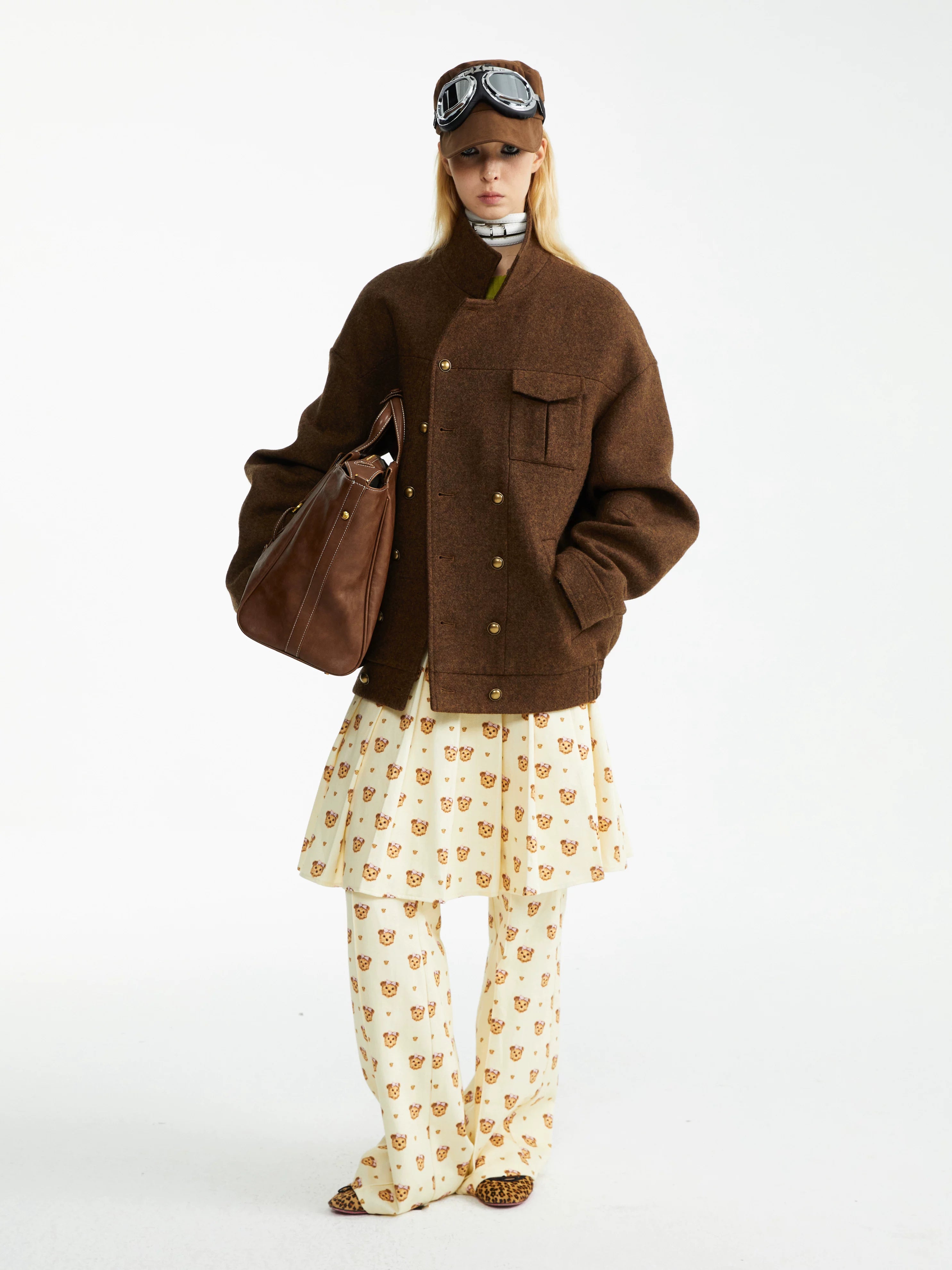 YOSHUYUKI Soft Cotton Lyocell Pleated Natural Waist Girls Bear Print Casual Pants-5