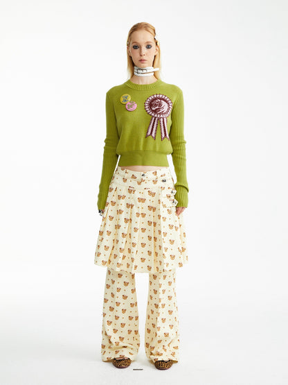 YOSHUYUKI Soft Cotton Lyocell Pleated Natural Waist Girls Bear Print Casual Pants