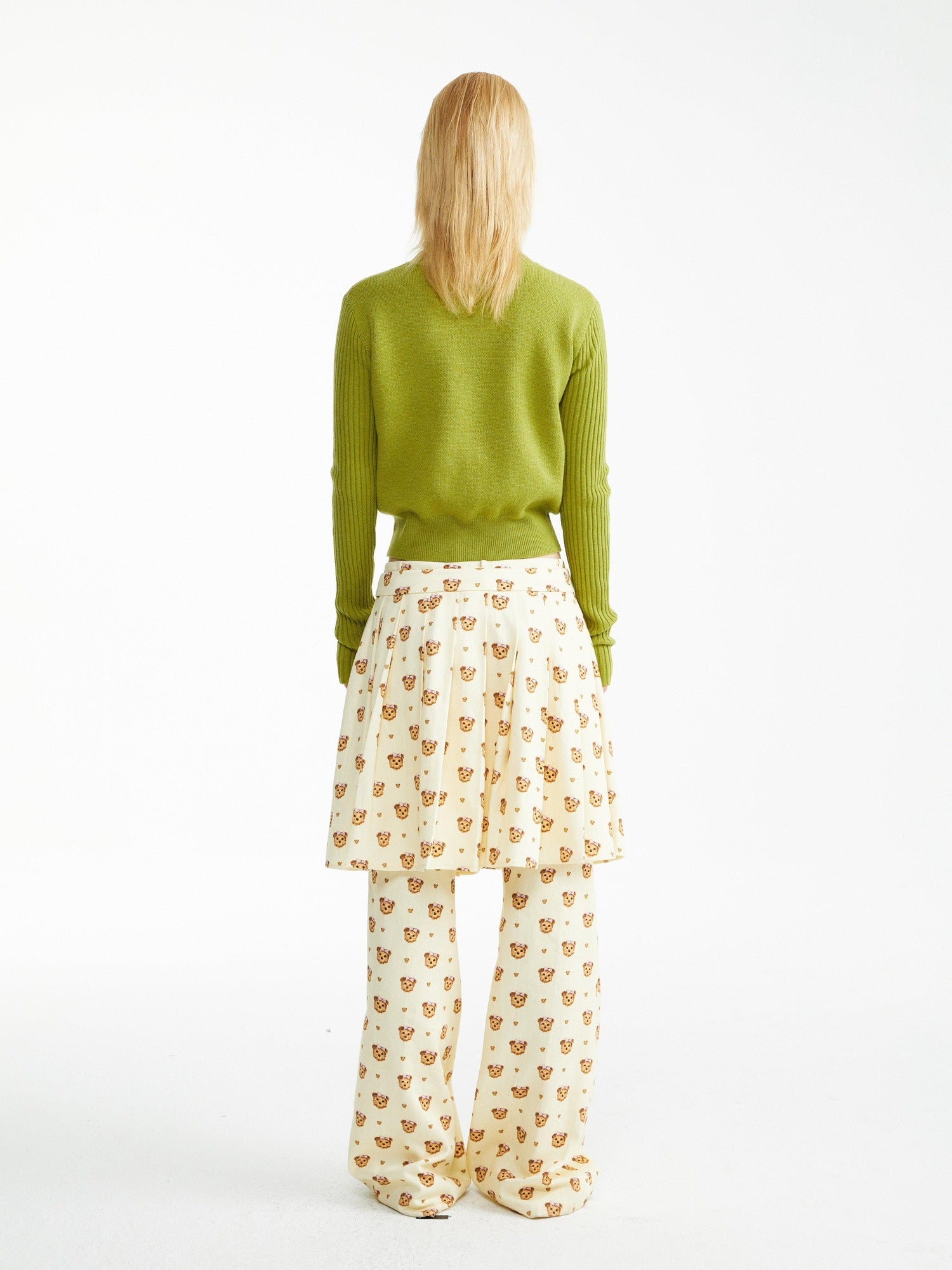 YOSHUYUKI Soft Cotton Lyocell Pleated Natural Waist Girls Bear Print Casual Pants