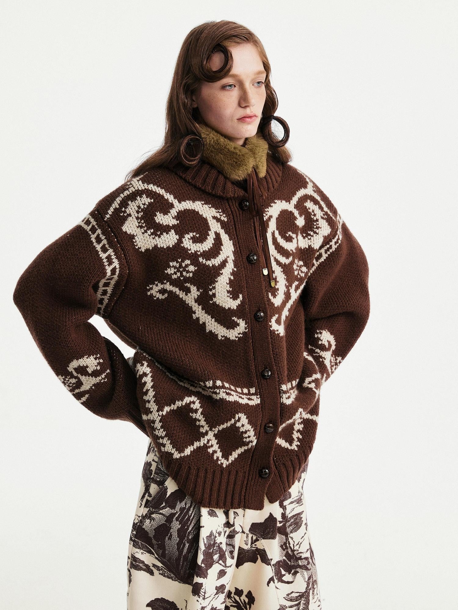 YOSHUYUKI Soft Wool Blend Jacquard Vintage Cardigan Unisex Geometric Button Coffee Sweater