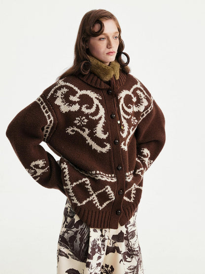 YOSHUYUKI Soft Wool Blend Jacquard Vintage Cardigan Unisex Geometric Button Coffee Sweater