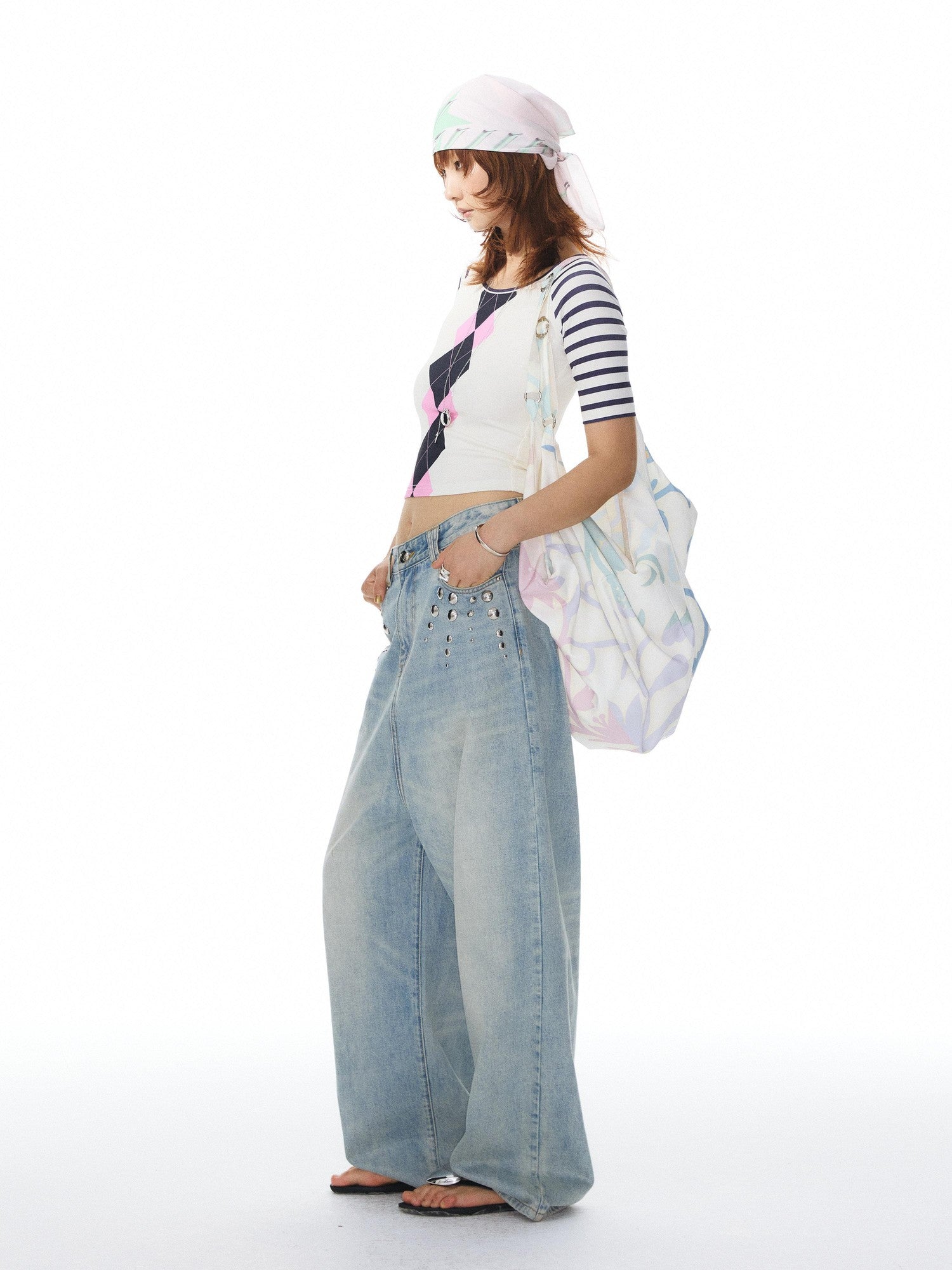 YOSHUYUKI Square Polka Dot Print Metal Chain Strap Tote Women&