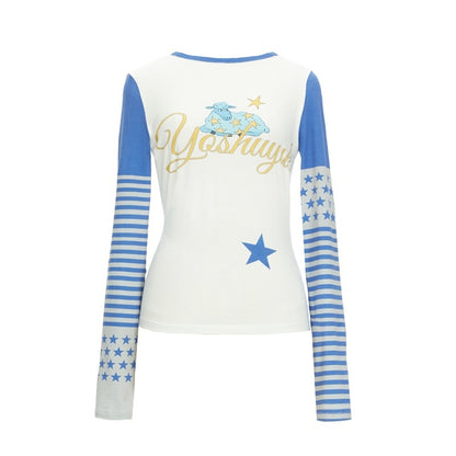 YOSHUYUKI_Star_Print_Colorblock_Sleeve_Y2k_Retro_Women&