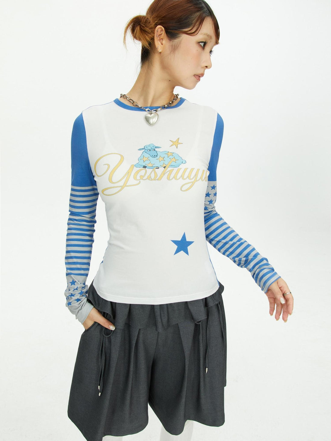 YOSHUYUKI Star Print Colorblock Sleeve Y2k Retro Women&