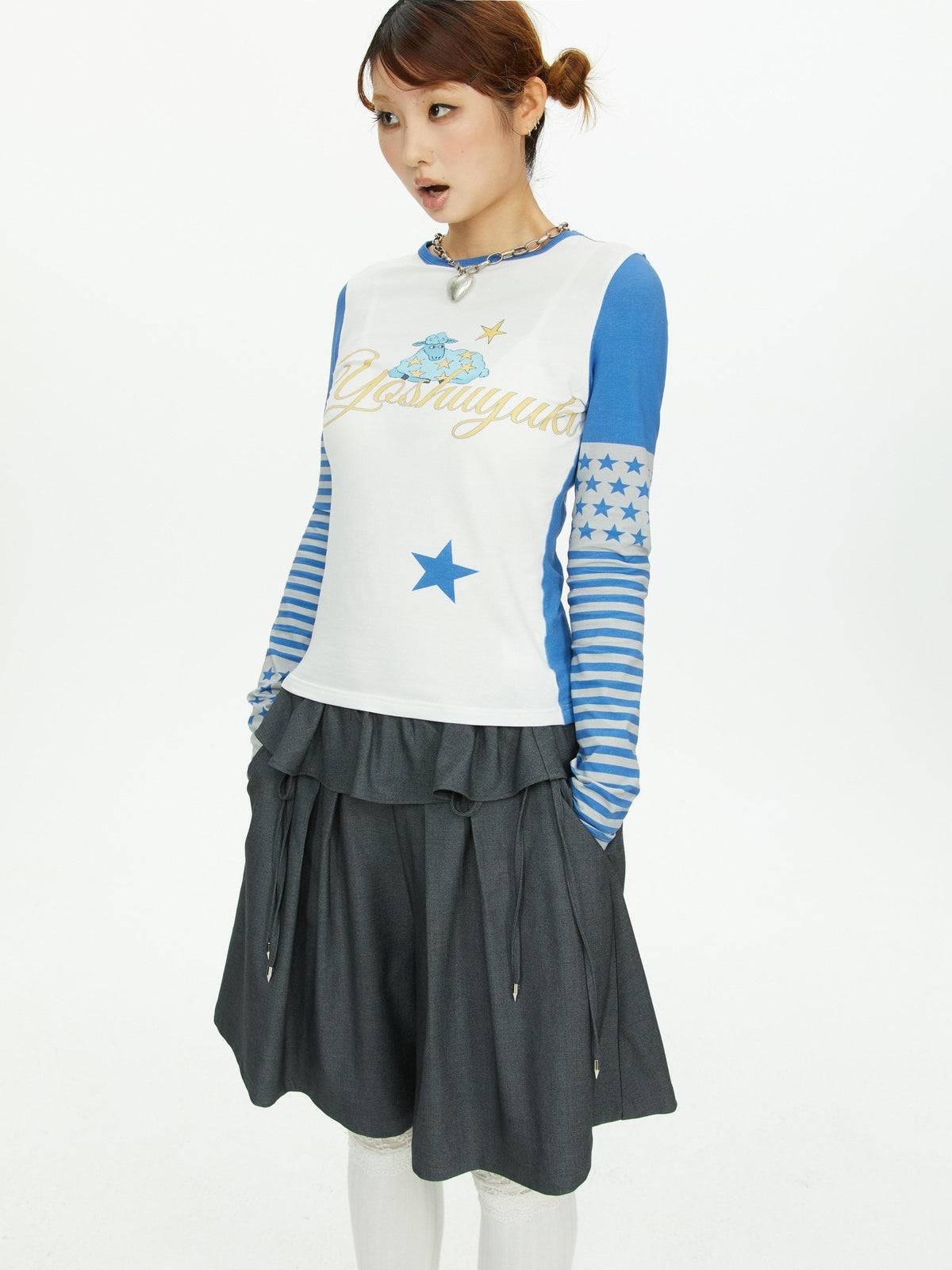 YOSHUYUKI Star Print Colorblock Sleeve Y2k Retro Women&