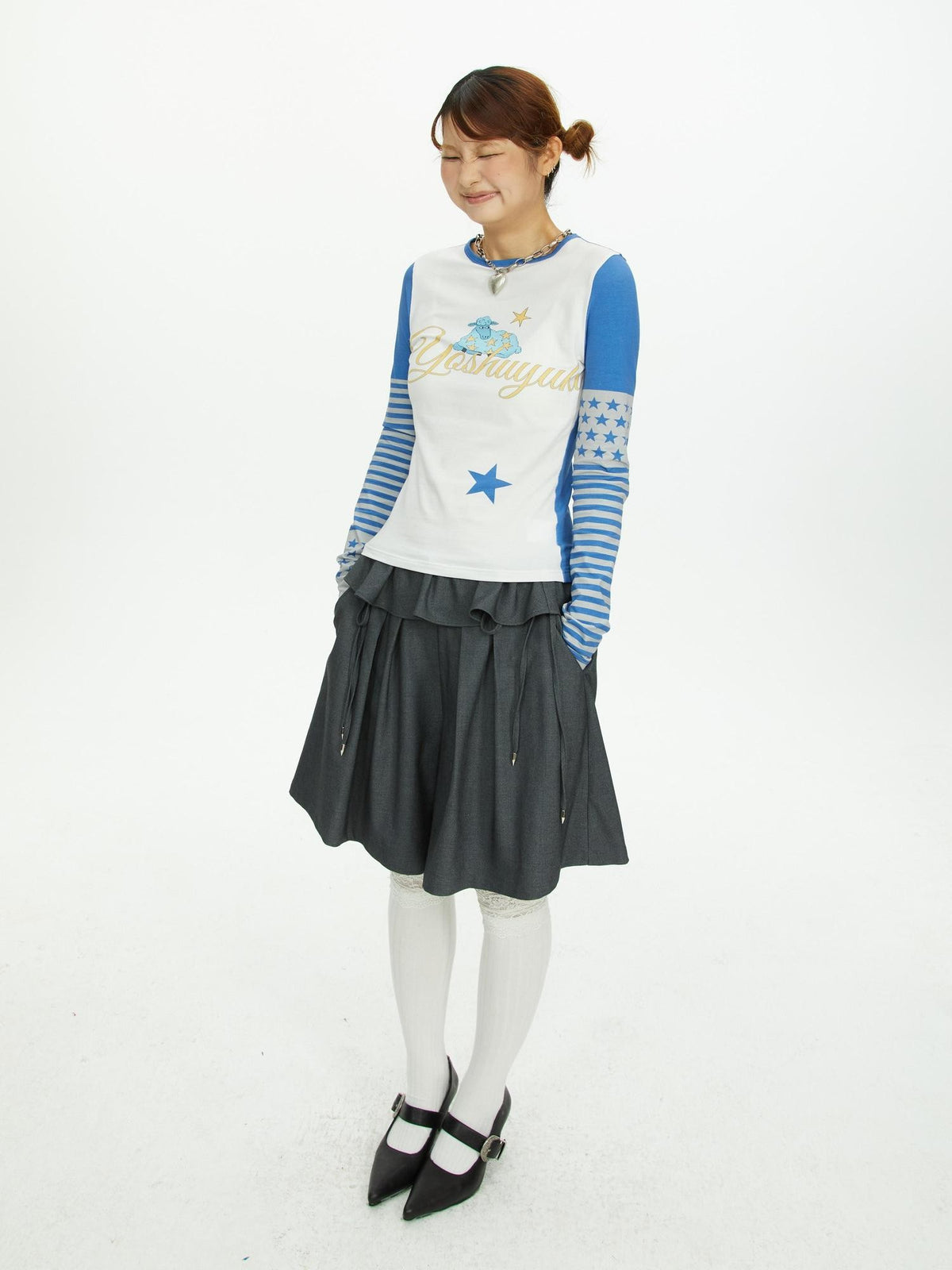 YOSHUYUKI Star Print Colorblock Sleeve Y2k Retro Women&