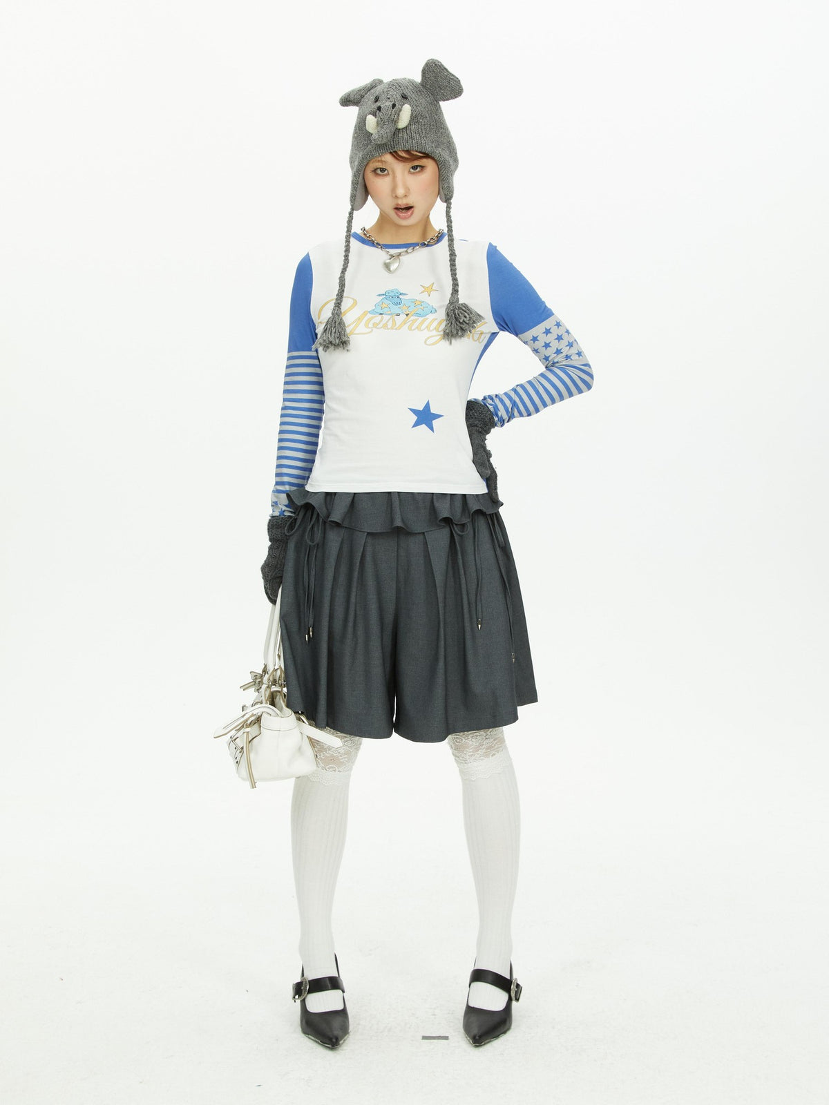 YOSHUYUKI Star Print Colorblock Sleeve Y2k Retro Women&