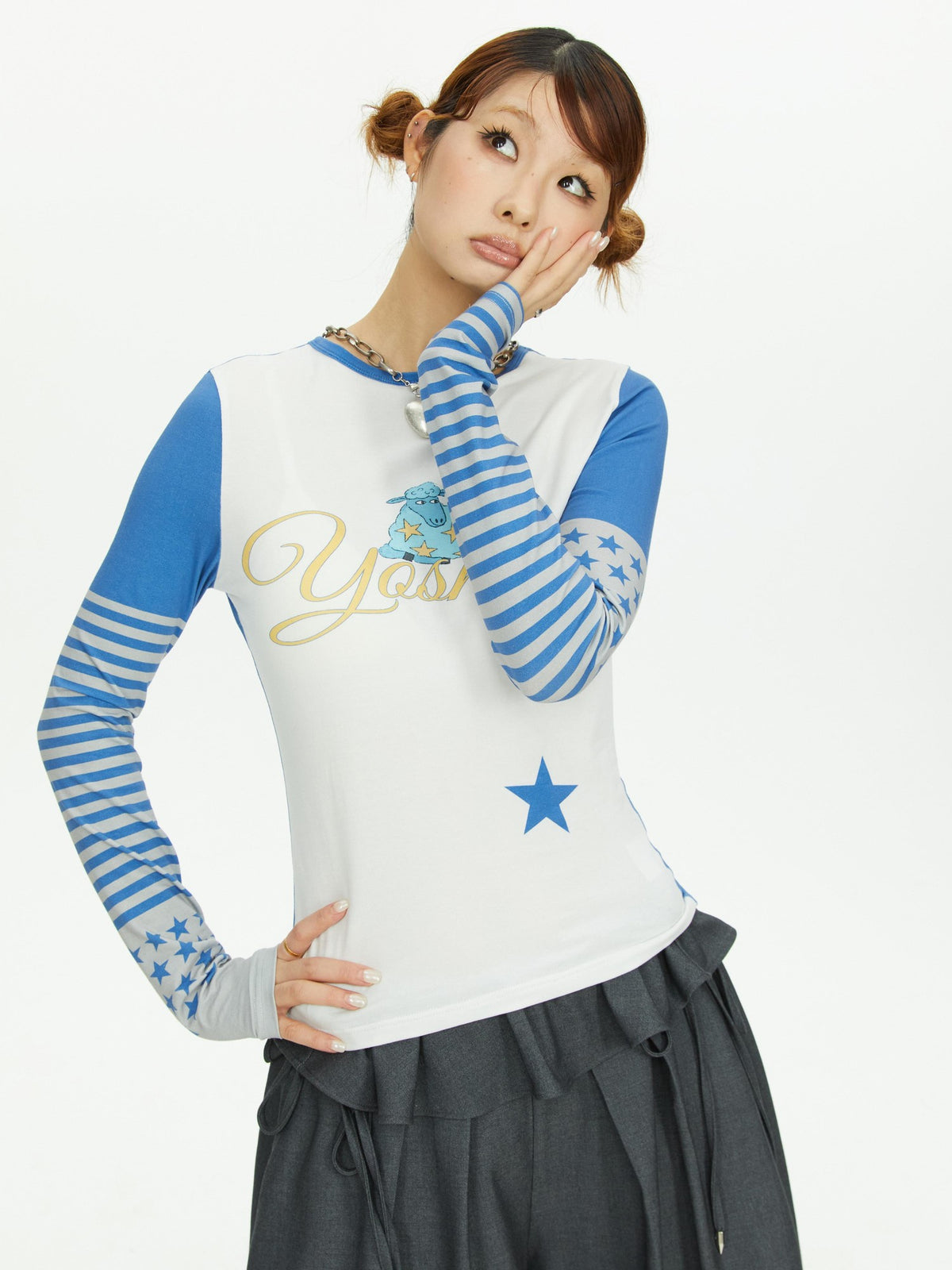 YOSHUYUKI Star Print Colorblock Sleeve Y2k Retro Women&