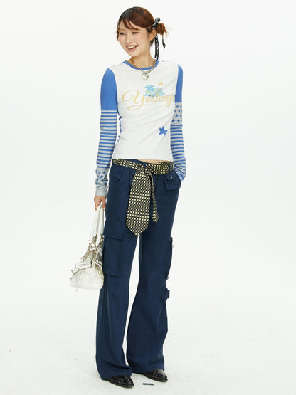 YOSHUYUKI Star Print Colorblock Sleeve Y2k Retro Women&