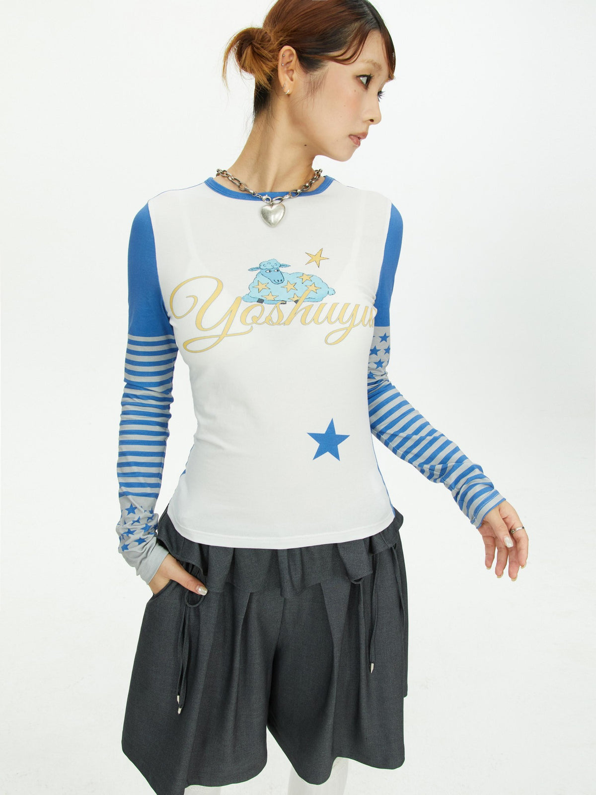 YOSHUYUKI Star Print Colorblock Sleeve Y2k Retro Women&