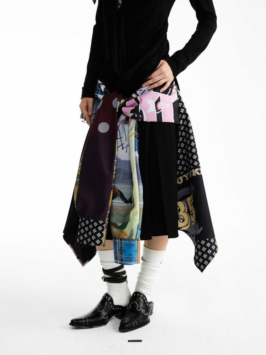 YOSHUYUKI Statement Deconstructed Asymmetrical Patchwork Casual Women Printed Midi Skirt
