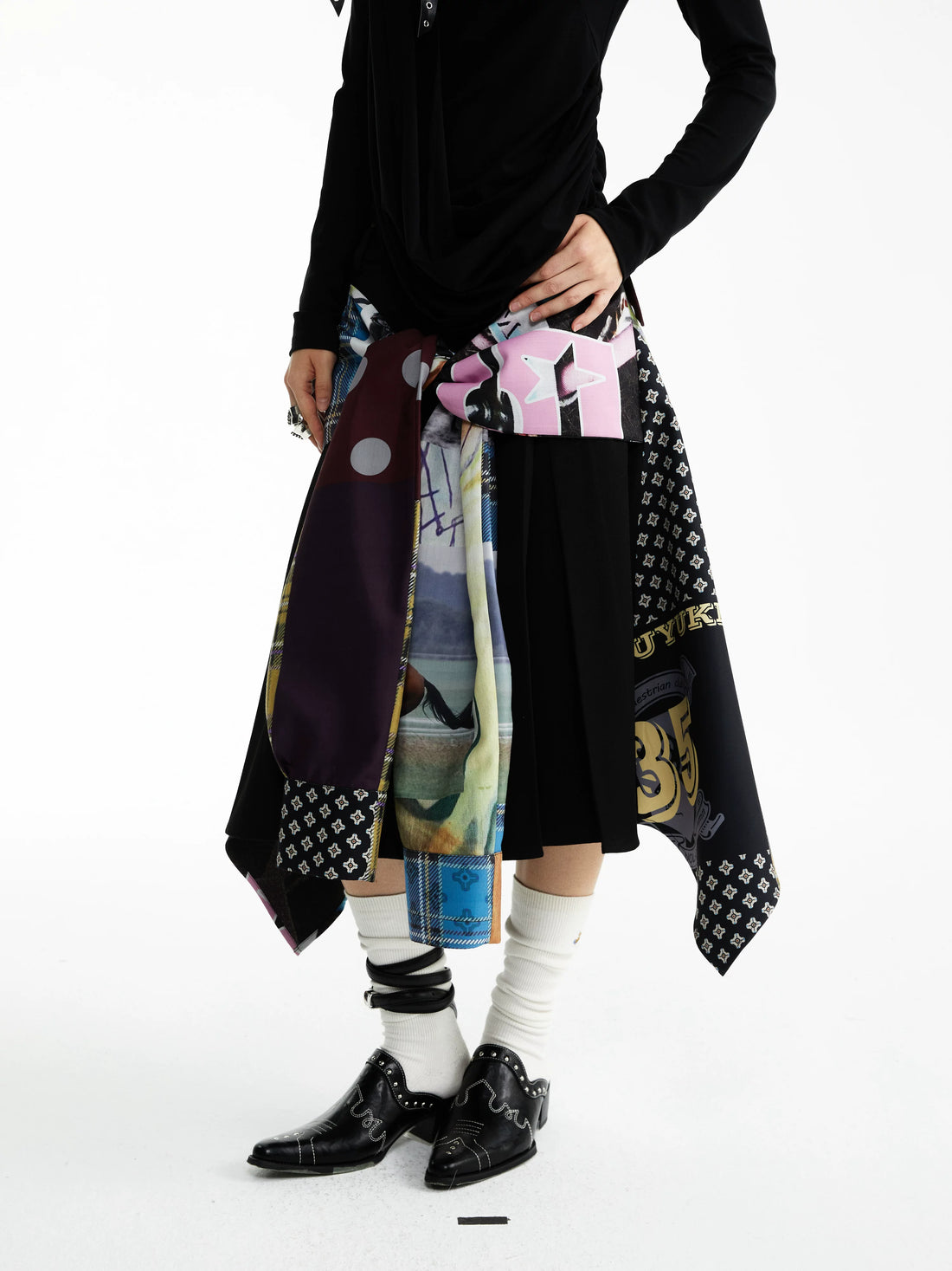 YOSHUYUKI Statement Deconstructed Asymmetrical Patchwork Casual Women Printed Midi Skirt-1