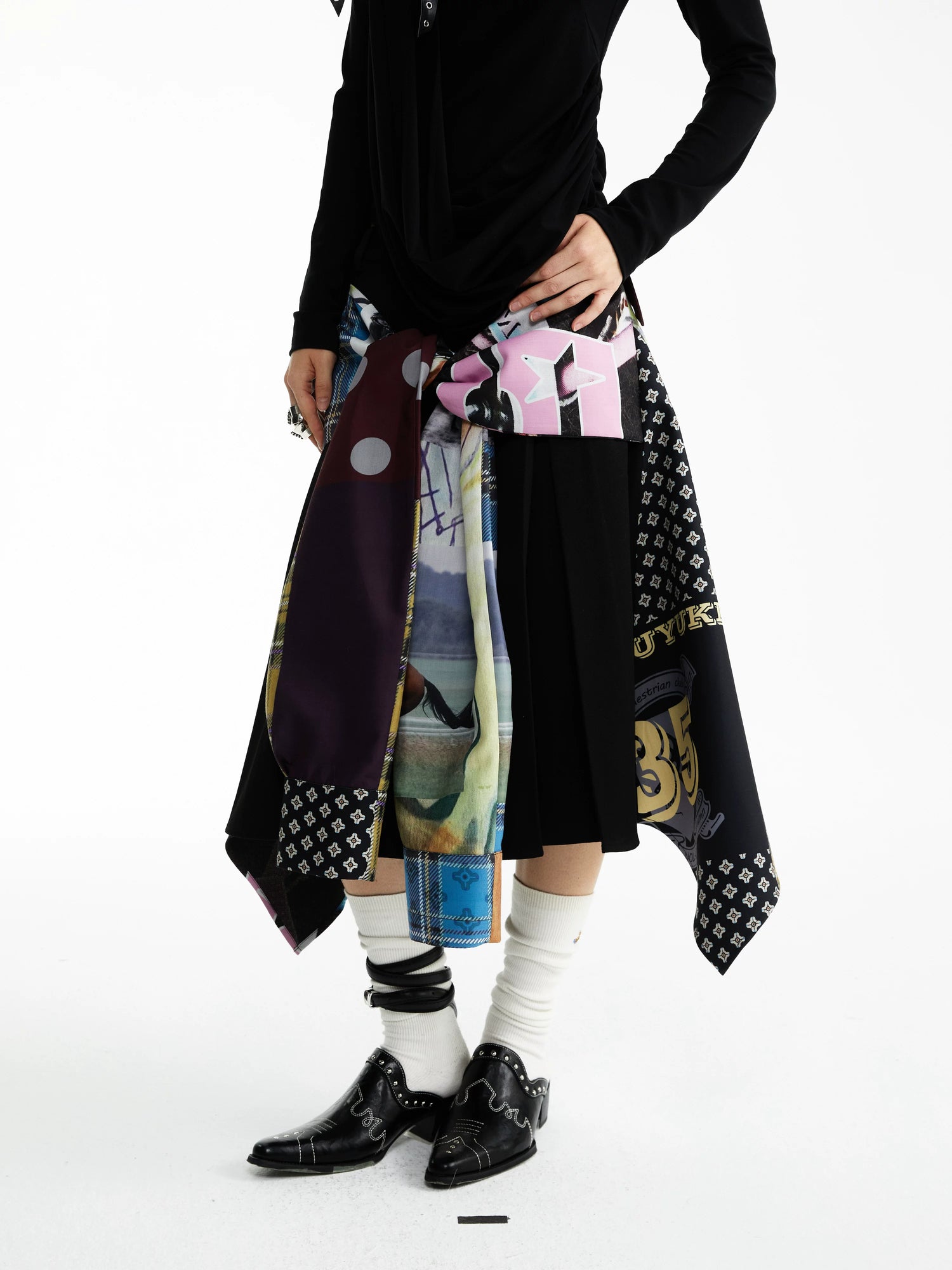 YOSHUYUKI Statement Deconstructed Asymmetrical Patchwork Casual Women Printed Midi Skirt-1