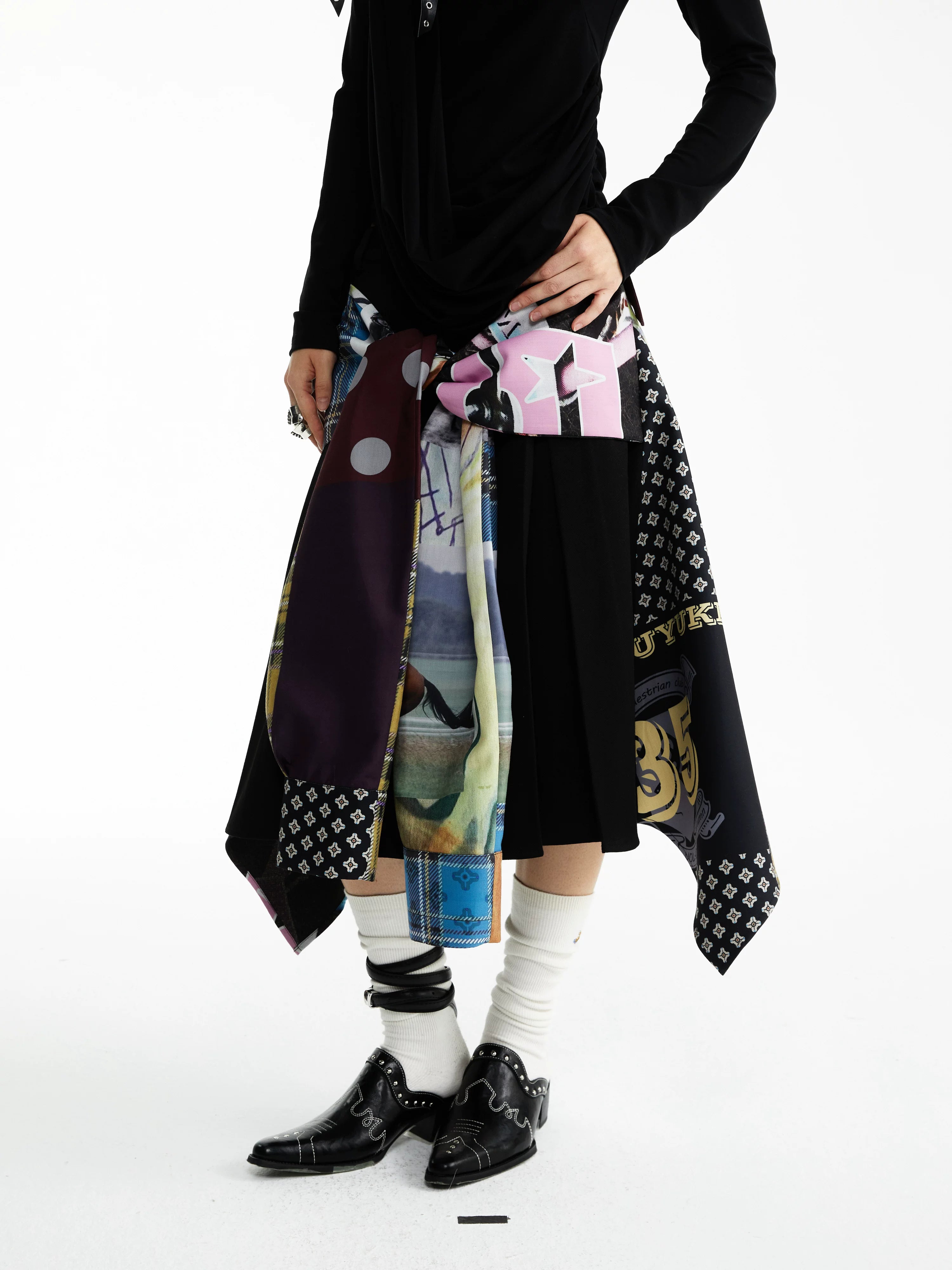 YOSHUYUKI Statement Deconstructed Asymmetrical Patchwork Casual Women Printed Midi Skirt-1