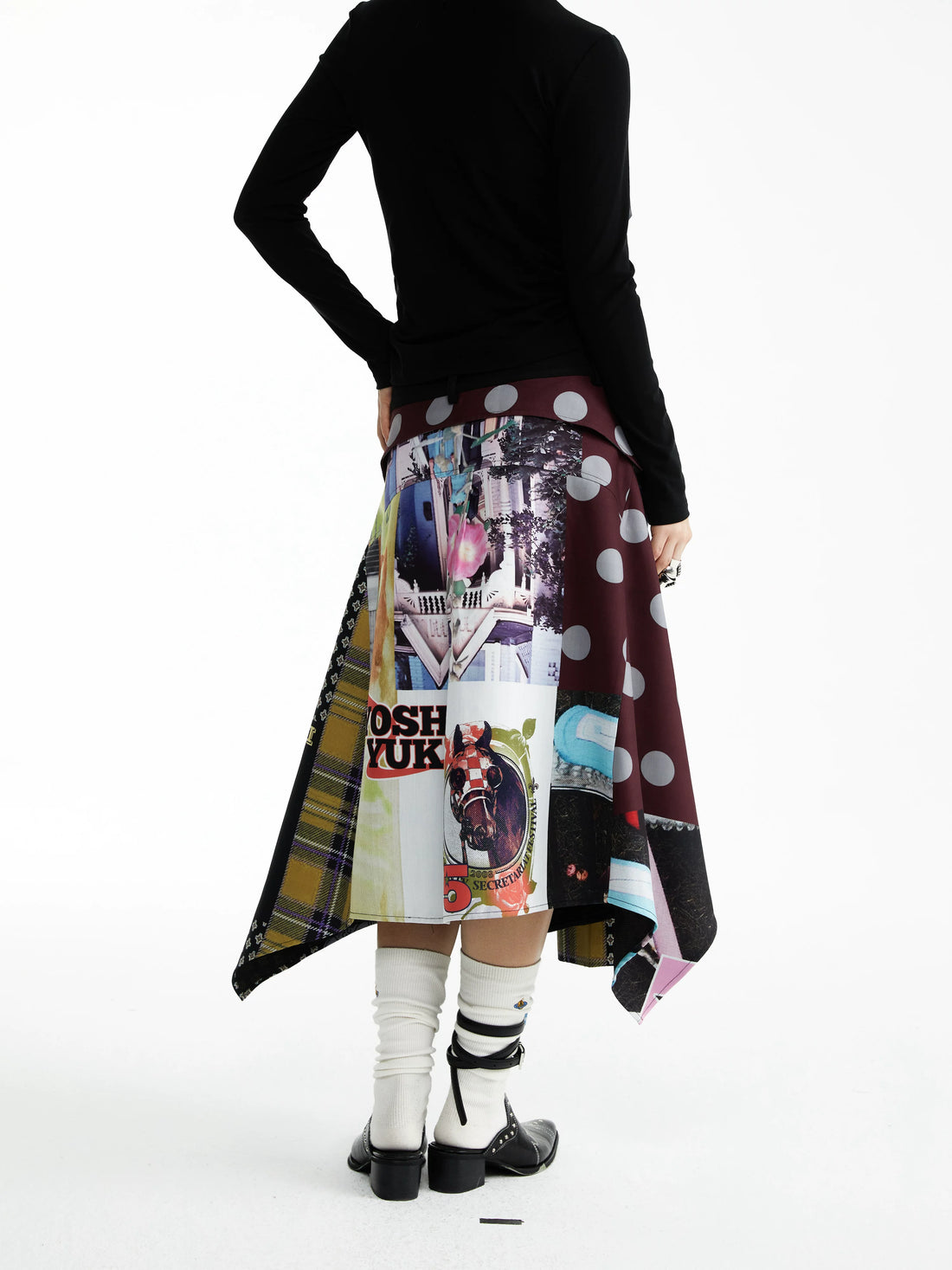 YOSHUYUKI Statement Deconstructed Asymmetrical Patchwork Casual Women Printed Midi Skirt-2