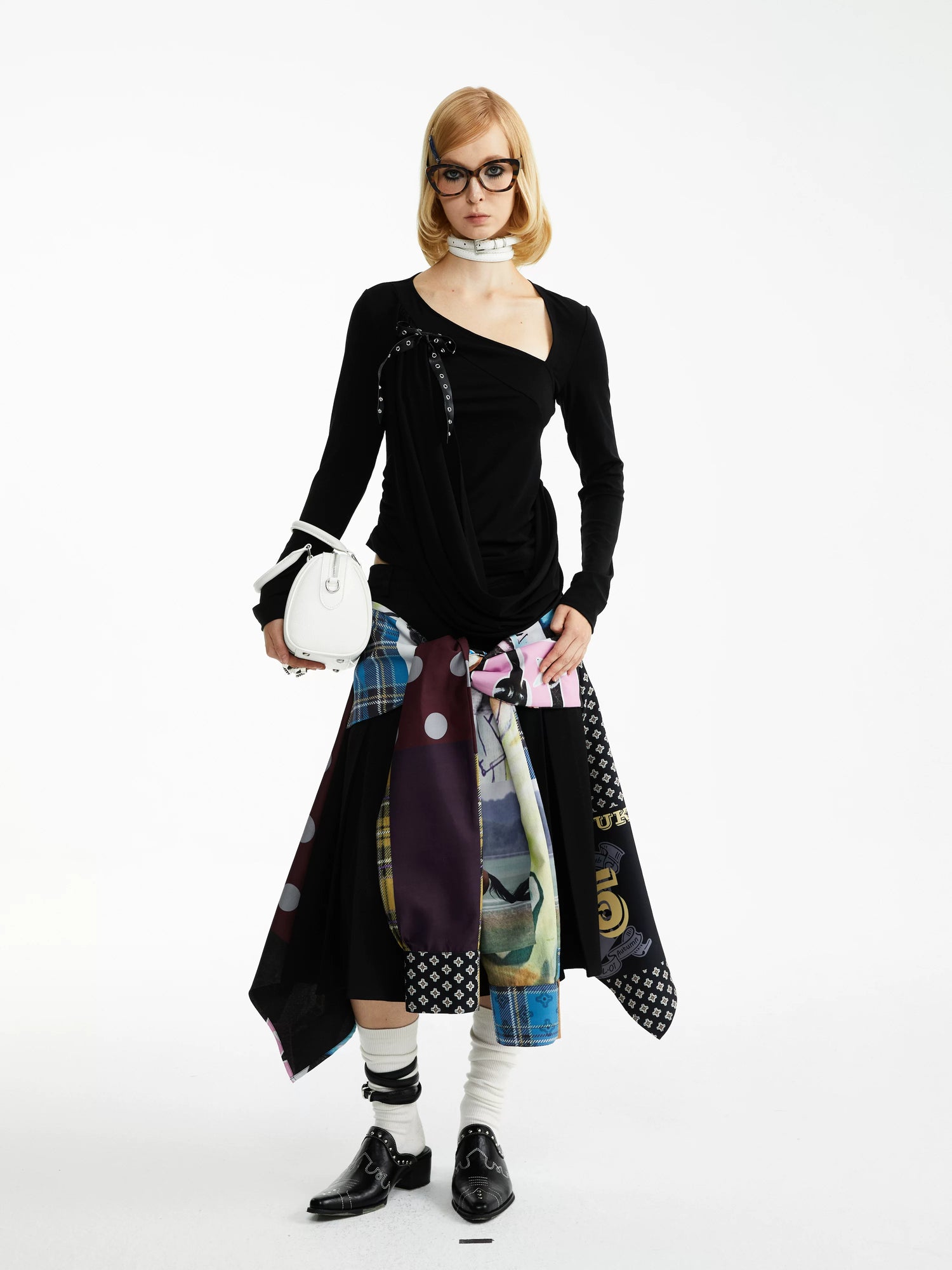 YOSHUYUKI Statement Deconstructed Asymmetrical Patchwork Casual Women Printed Midi Skirt-3