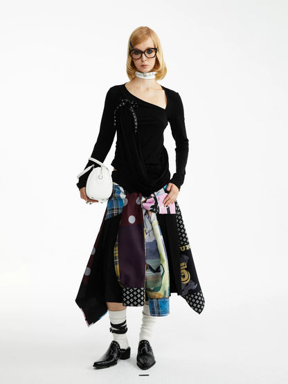 YOSHUYUKI Statement Deconstructed Asymmetrical Patchwork Casual Women Printed Midi Skirt-3