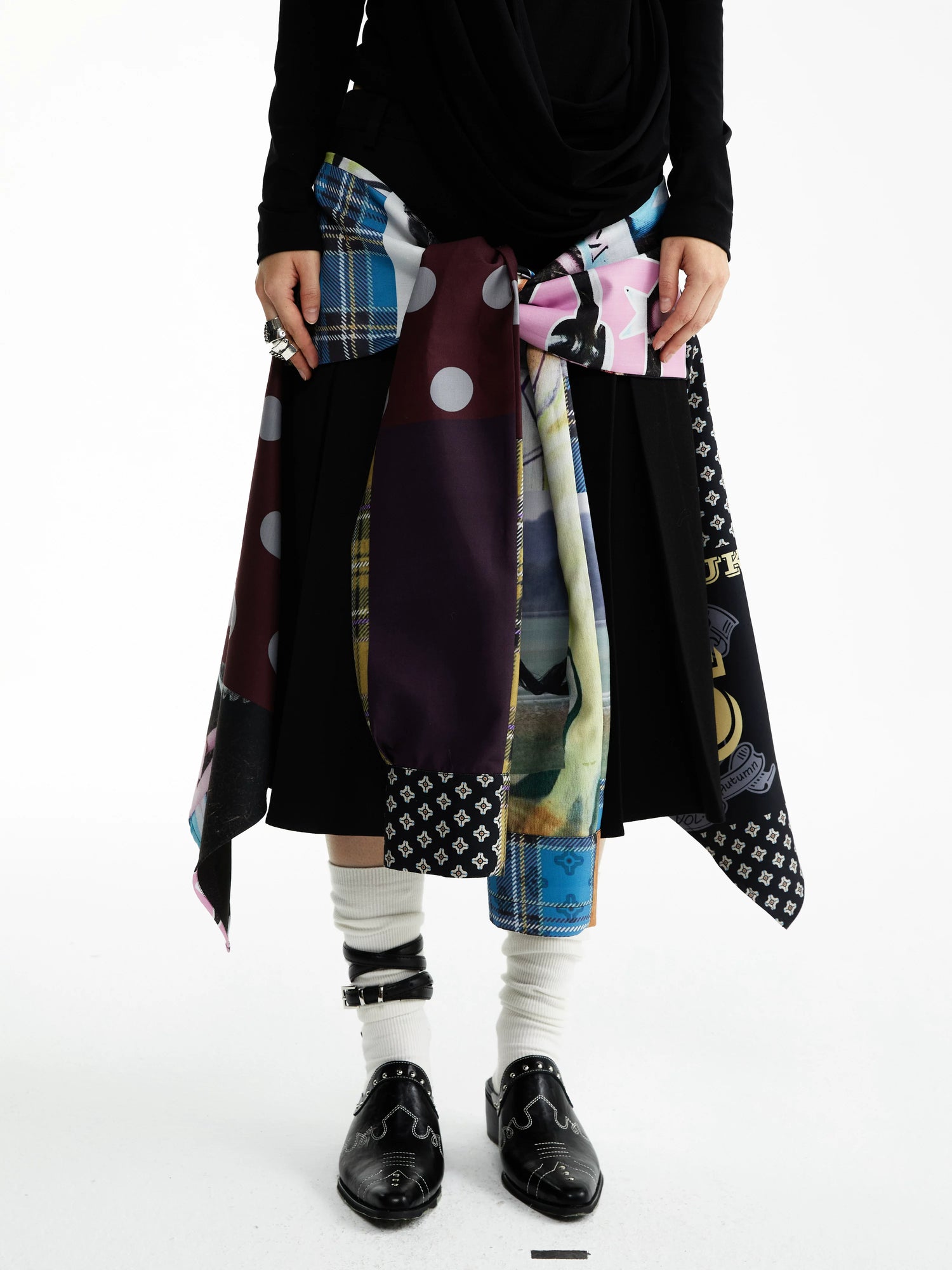YOSHUYUKI Statement Deconstructed Asymmetrical Patchwork Casual Women Printed Midi Skirt-5