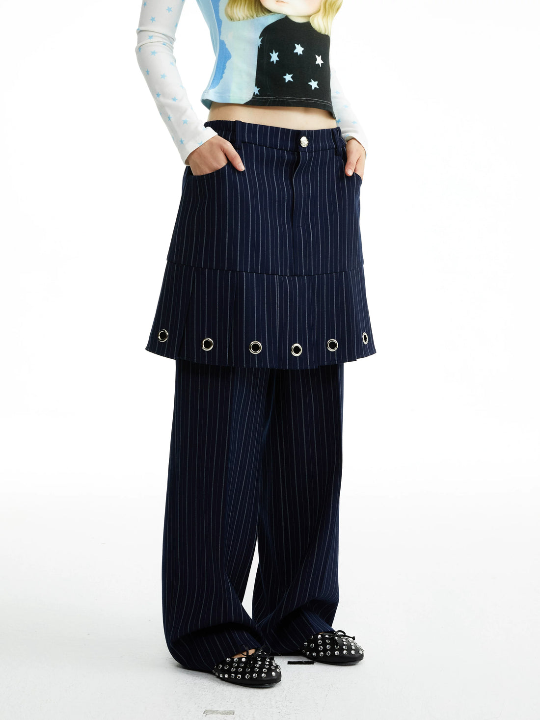 YOSHUYUKI Stretch Comfort Clean Fit Faux Two Piece Natural Waist Unisex Striped Navy Pants-1