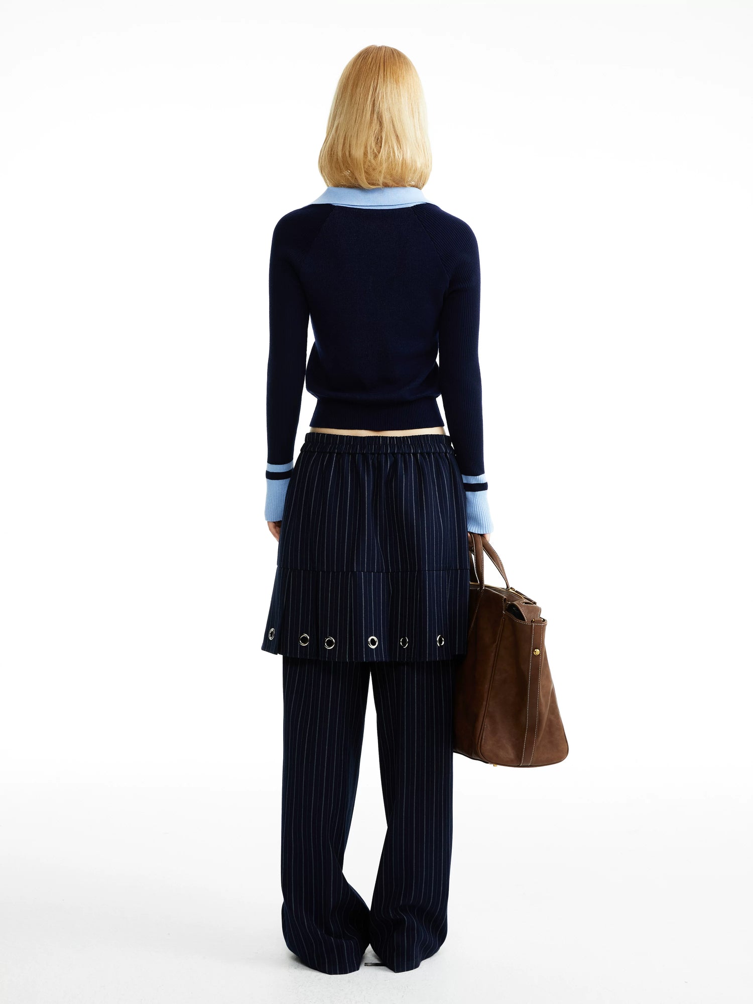 YOSHUYUKI Stretch Comfort Clean Fit Faux Two Piece Natural Waist Unisex Striped Navy Pants-3