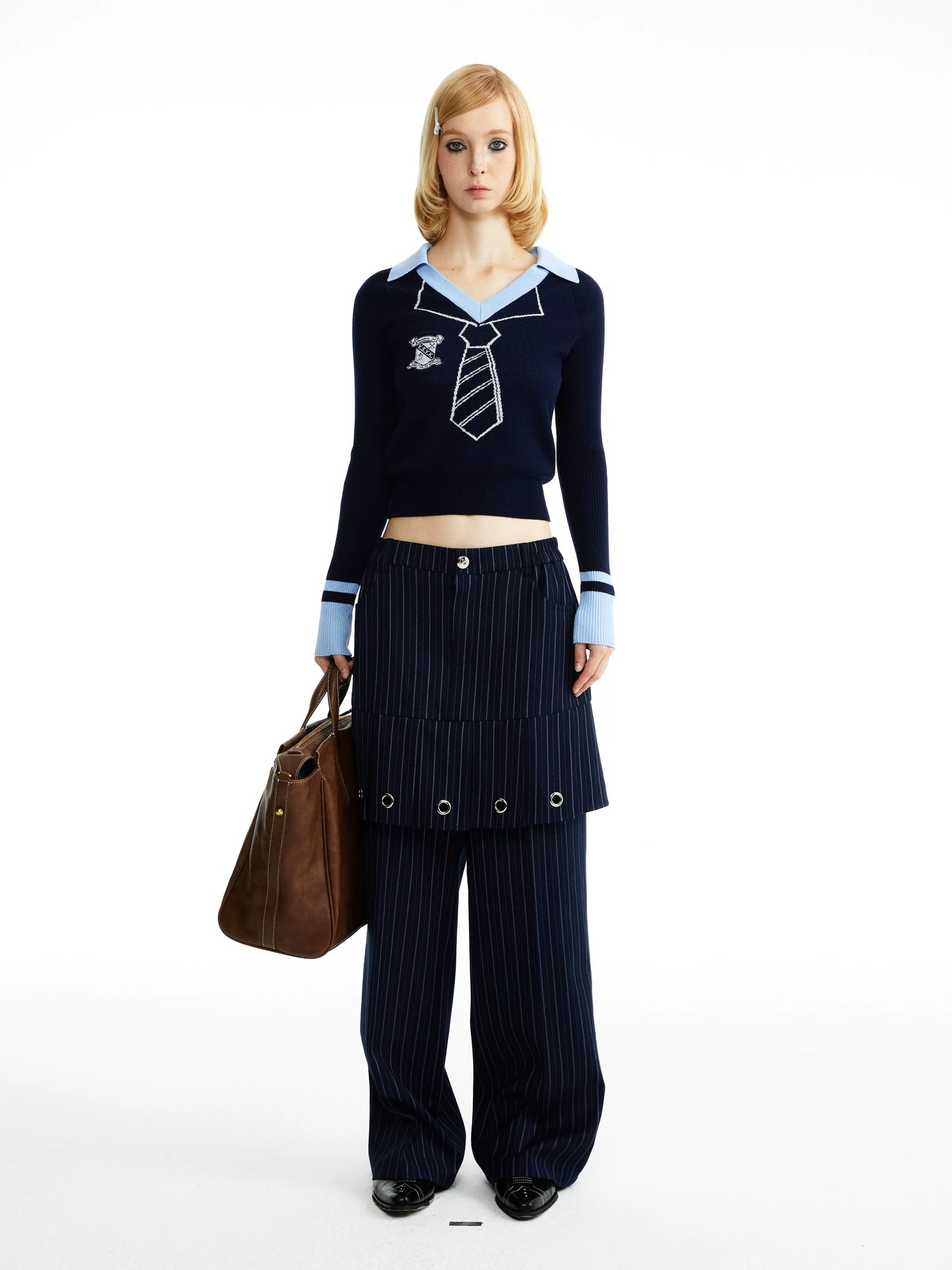 YOSHUYUKI Stretch Comfort Clean Fit Faux Two Piece Natural Waist Unisex Striped Navy Pants-4
