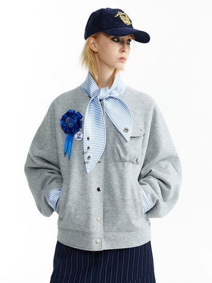 YOSHUYUKI Stretch Lightweight Loose Fit Street Style Round Neck Button Front Gray Jacket-1