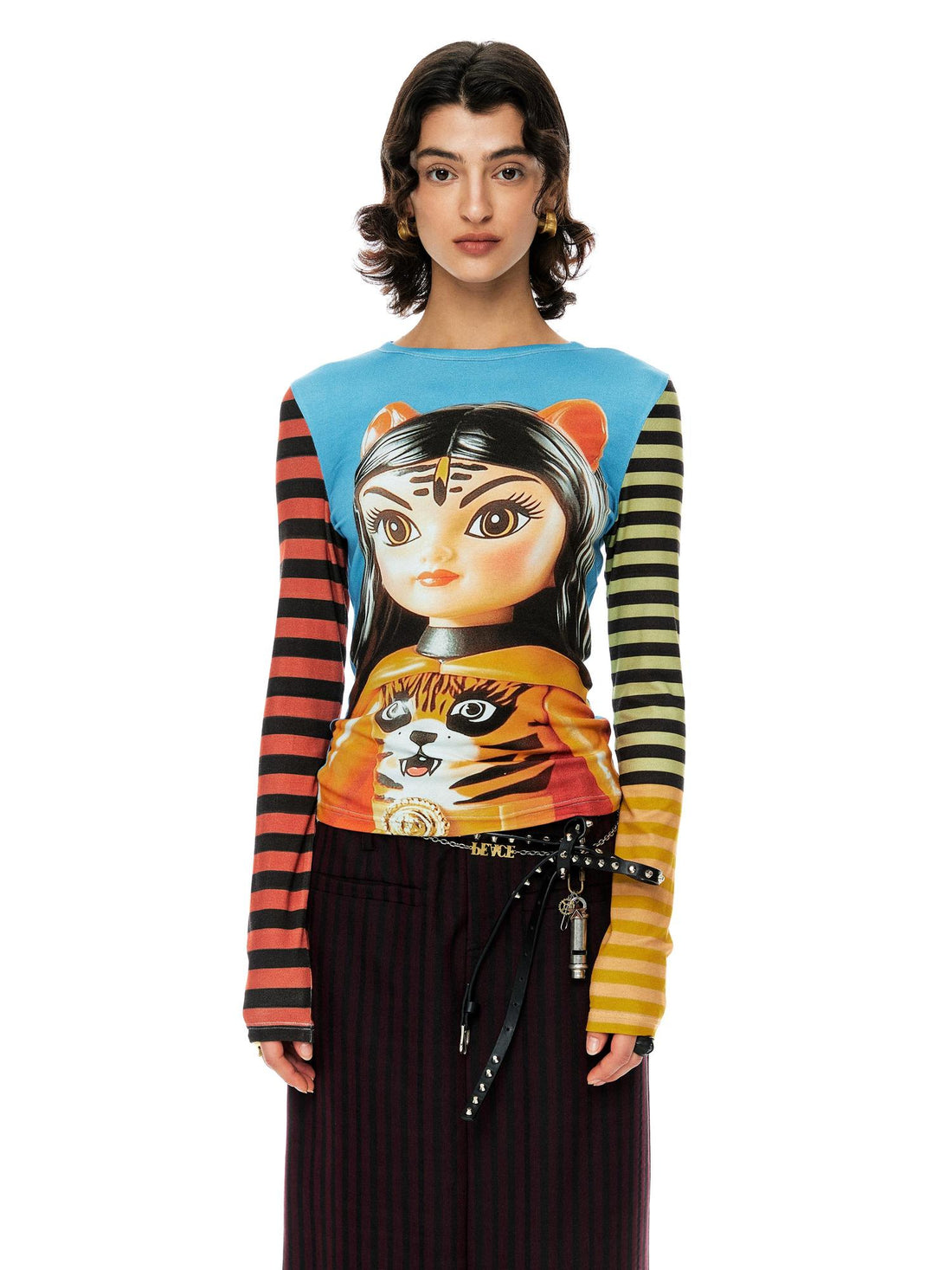 YOSHUYUKI Tiger Girl Print Striped Sleeve Round Neck Tee
