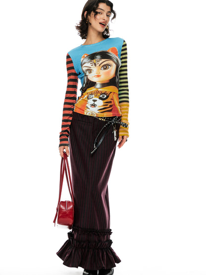 YOSHUYUKI Tiger Girl Print Striped Sleeve Round Neck Tee