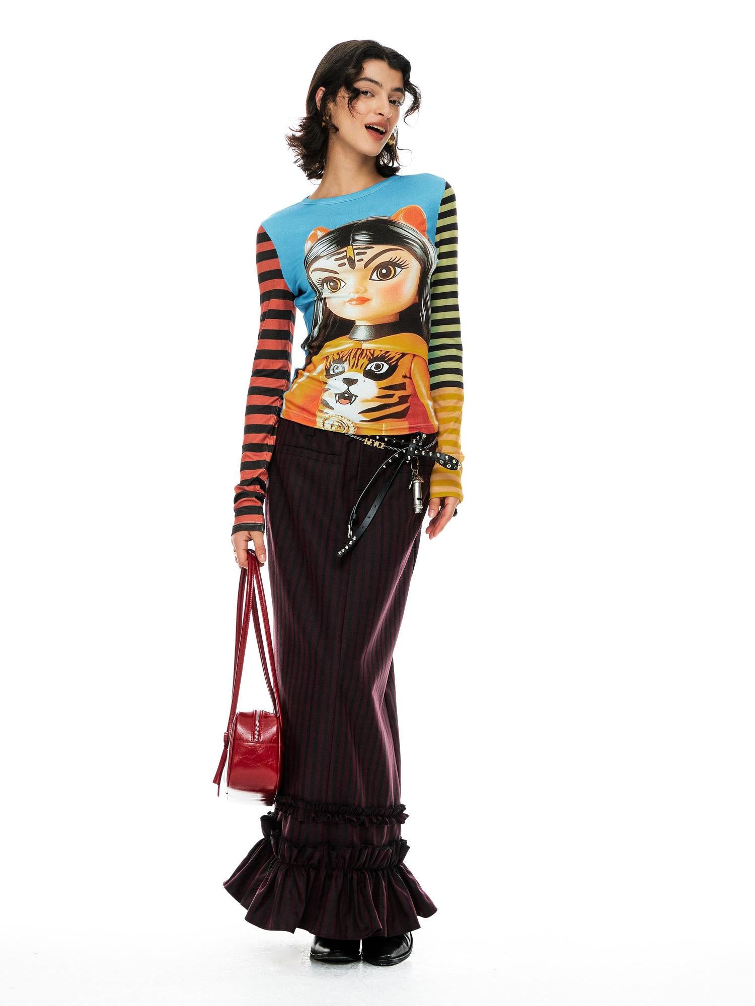YOSHUYUKI Tiger Girl Print Striped Sleeve Round Neck Tee