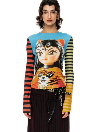 YOSHUYUKI Tiger Girl Print Striped Sleeve Round Neck Tee
