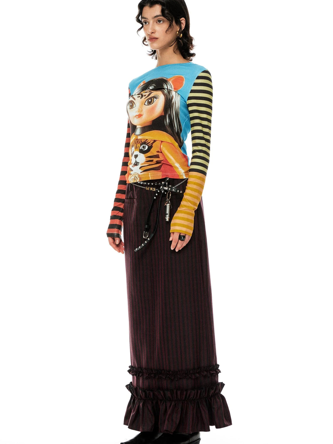 Tiger Girl Print Striped Sleeve Round Neck Tee