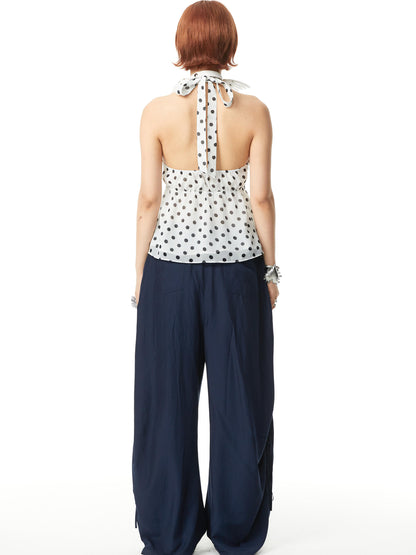 YOSHUYUKI V-Neck Polka Dot Chiffon Halter Top With Floral Lace