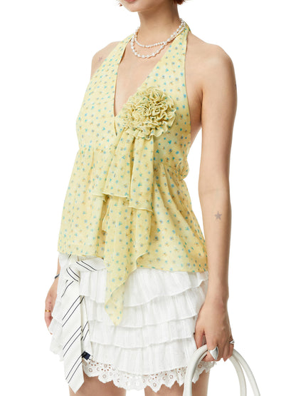 YOSHUYUKI V-Neck Polka Dot Chiffon Halter Top With Floral Lace