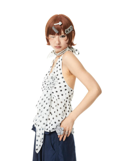 YOSHUYUKI V-Neck Polka Dot Chiffon Halter Top With Floral Lace