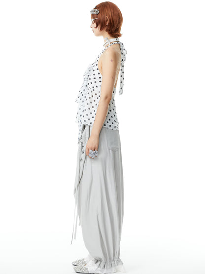 YOSHUYUKI V-Neck Polka Dot Chiffon Halter Top With Floral Lace