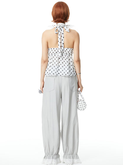 YOSHUYUKI V-Neck Polka Dot Chiffon Halter Top With Floral Lace
