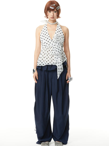 YOSHUYUKI V-Neck Polka Dot Chiffon Halter Top With Floral Lace