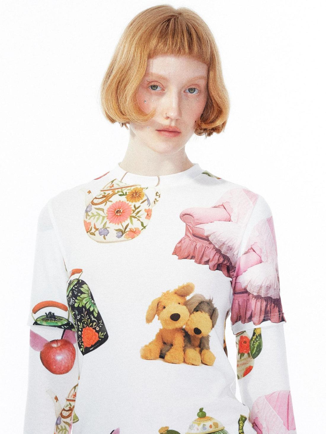 YOSHUYUKI V Neck T Shirt Long Sleeve Top With Playful Teapot Motif