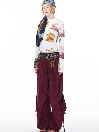 YOSHUYUKI V Neck T Shirt Long Sleeve Top With Playful Teapot Motif