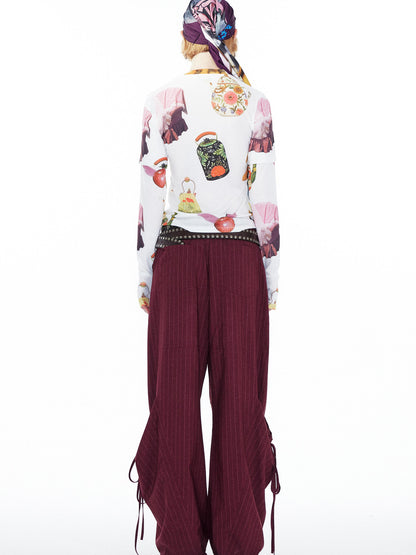 YOSHUYUKI V Neck T Shirt Long Sleeve Top With Playful Teapot Motif