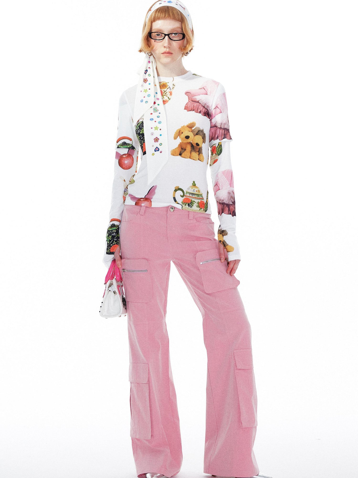 YOSHUYUKI V Neck T Shirt Long Sleeve Top With Playful Teapot Motif