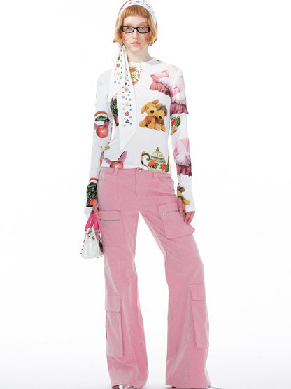YOSHUYUKI V Neck T Shirt Long Sleeve Top With Playful Teapot Motif