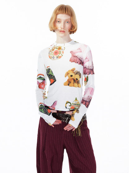 YOSHUYUKI V Neck T Shirt Long Sleeve Top With Playful Teapot Motif