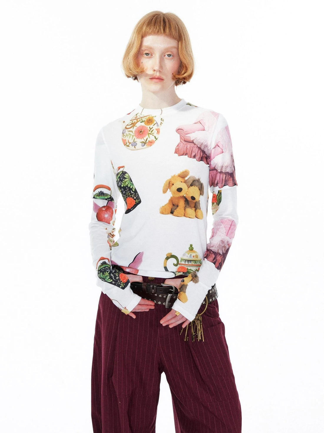 V Neck T Shirt Long Sleeve Top With Playful Teapot Motif
