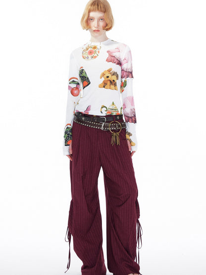 YOSHUYUKI V Neck T Shirt Long Sleeve Top With Playful Teapot Motif